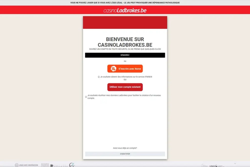 Inscription gratuite sur Ladbrokes Casino avec itsme sur le casino belge.