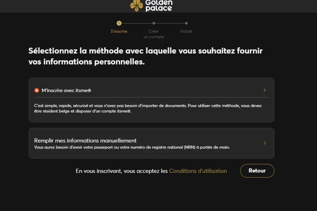 Inscrivez-vous sur Golden Palace Casino avec itsme. Rejoignez un top 10 casino en ligne en Belgique en quelques clics !