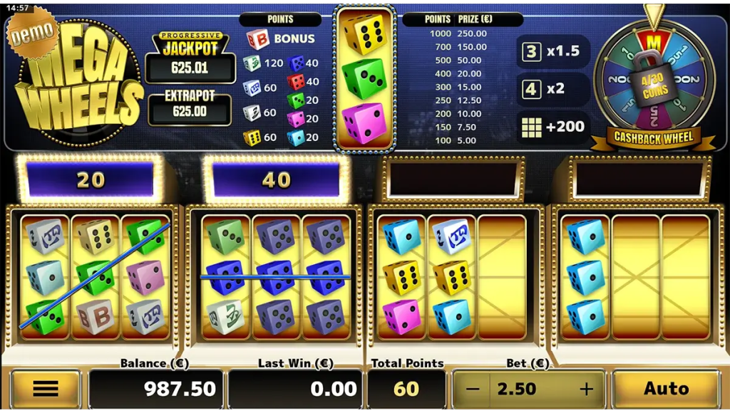 Capture d'écran du jeu de dés Mega Wheels pour montrer le fonctionnement de ce type de jeu de casino
