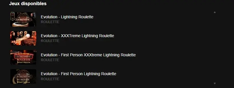 Jeux participants à la promotion tournoi Lightning Roulette sur Golden Vegas Casino