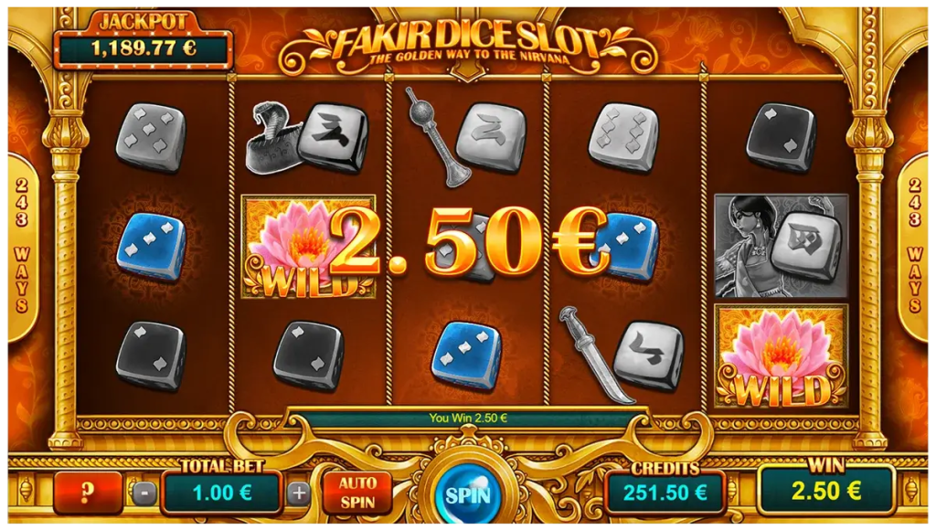Écran du mini-jeu de Fakir Dice Slot avec palets et multiplicateurs activés sur un fond doré.