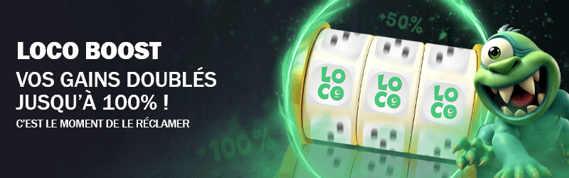 Activation du Loco Boost sur Loco Casino : multiplicateurs aléatoires de +10 % à +100 % ajoutant suspense et gains bonus aux joueurs belges.