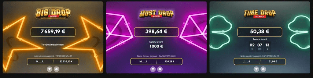 Interface van de drie Circus Jackpots op Circus Casino: Time Drop, Must Drop en Big Drop met live bedragen voor Belgische spelers.