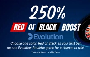 Interface van Magic Betting Casino met de promotie 250% Boost, eerste spin op Evolution-roulette en winstverhoging tot €25.