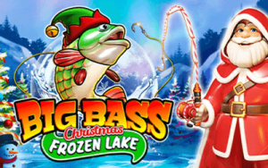 Vue du gameplay mobile de Big Bass Christmas – Frozen Lake montrant les rouleaux gelés, les symboles de poissons et les multiplicateurs actifs.