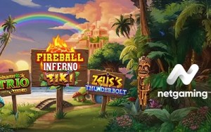 Promotie Netgaming Mania op Golden Palace met een jackpot van €2.000 en de Netgaming-titels Fireball Inferno Tiki Dice, Shamrock Trio en Zeuss Thunderbolt Dice.
