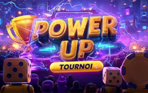 Visuel du tournoi Power Up sur Casino1 avec ambiance casino belge et dice slots, mise en avant du multiplicateur et récompenses hebdomadaires.