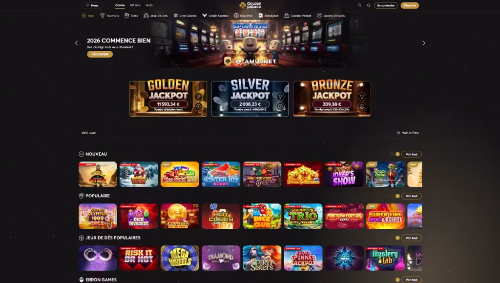 Interface de la page d’accueil du site Golden Palace Casino, casino en ligne légal en Belgique.